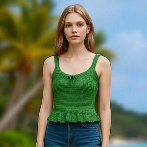 Crop Top Halter Crochet  Halter Tank Hand Crafted Green Floral Embellished